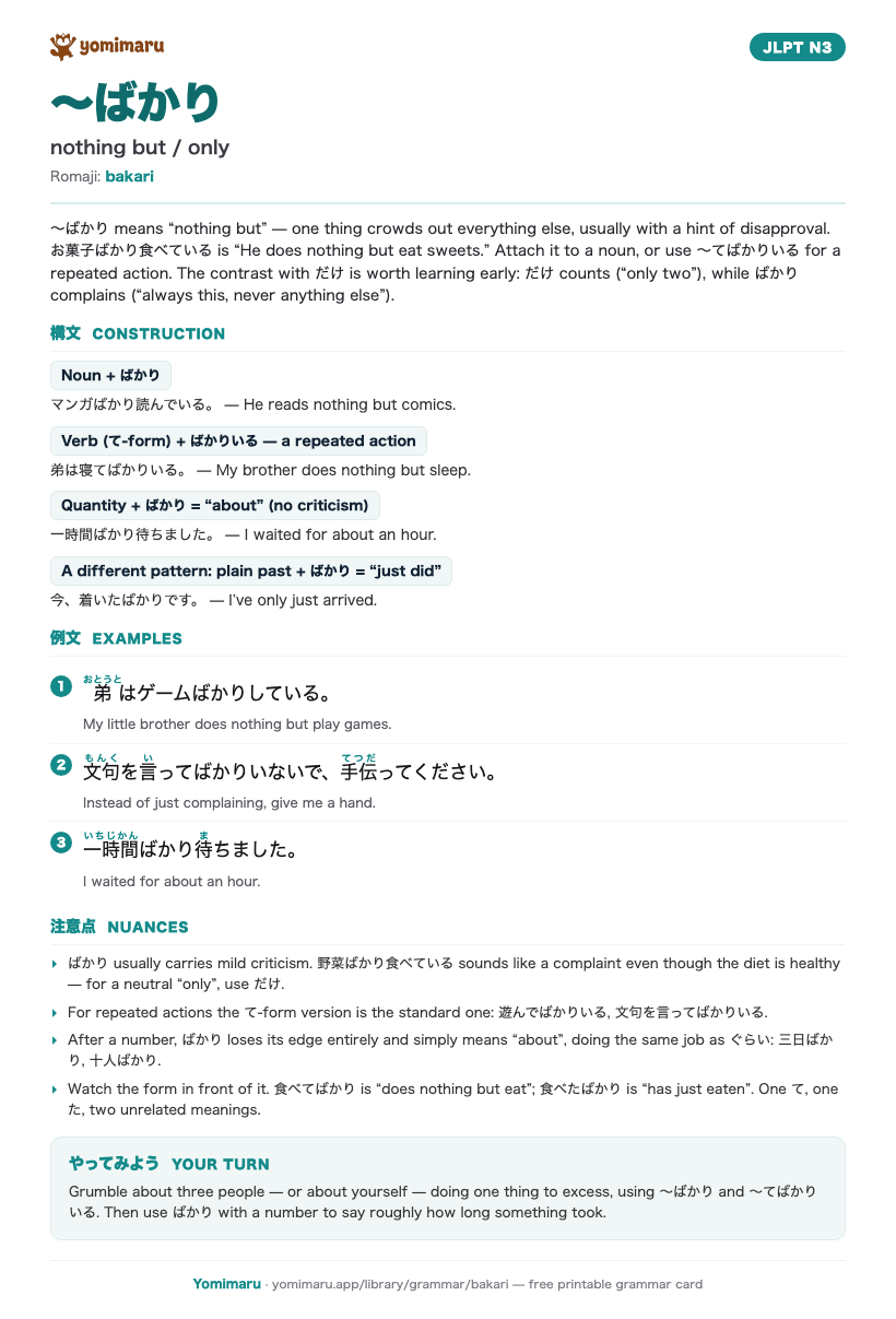 The 〜ばかり study card: one A4 page holding the pattern, its JLPT N3 meaning, the construction rules, 3 example sentences with furigana, and the nuance notes.