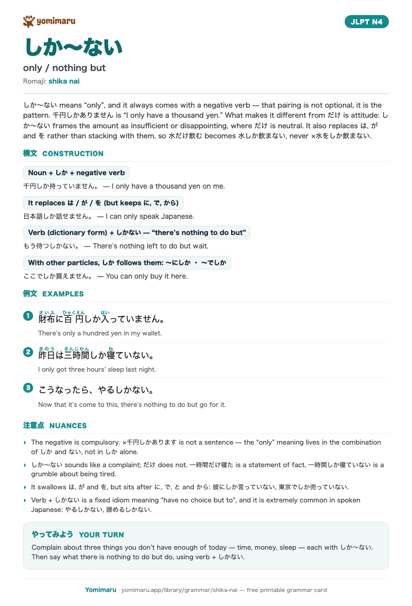 The しか〜ない study card: one A4 page holding the pattern, its JLPT N4 meaning, the construction rules, 3 example sentences with furigana, and the nuance notes.