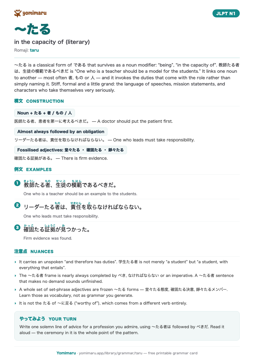 The 〜たる study card: one A4 page holding the pattern, its JLPT N1 meaning, the construction rules, 3 example sentences with furigana, and the nuance notes.