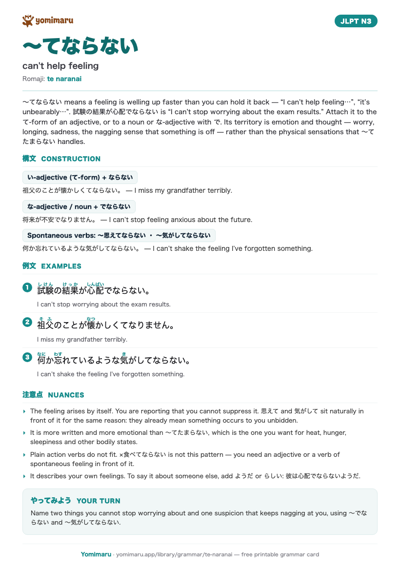 The 〜てならない study card: one A4 page holding the pattern, its JLPT N3 meaning, the construction rules, 3 example sentences with furigana, and the nuance notes.