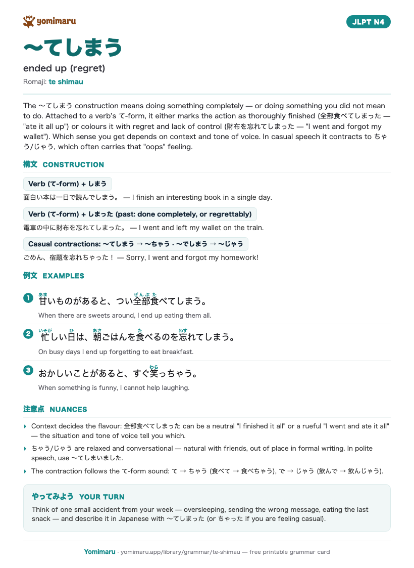 The 〜てしまう study card: one A4 page holding the pattern, its JLPT N4 meaning, the construction rules, 3 example sentences with furigana, and the nuance notes.
