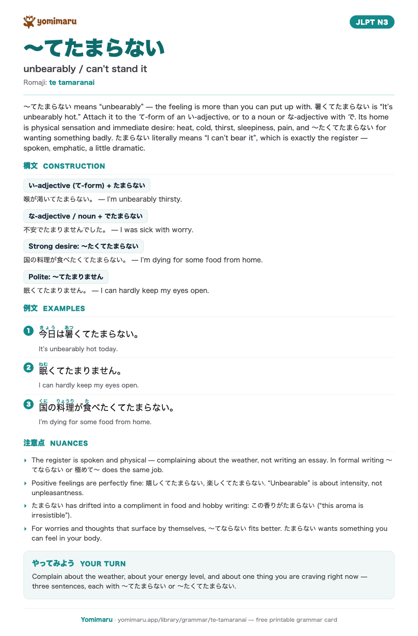 The 〜てたまらない study card: one A4 page holding the pattern, its JLPT N3 meaning, the construction rules, 3 example sentences with furigana, and the nuance notes.