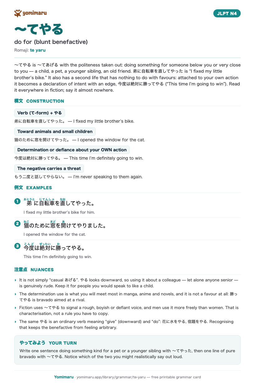 The 〜てやる study card: one A4 page holding the pattern, its JLPT N4 meaning, the construction rules, 3 example sentences with furigana, and the nuance notes.