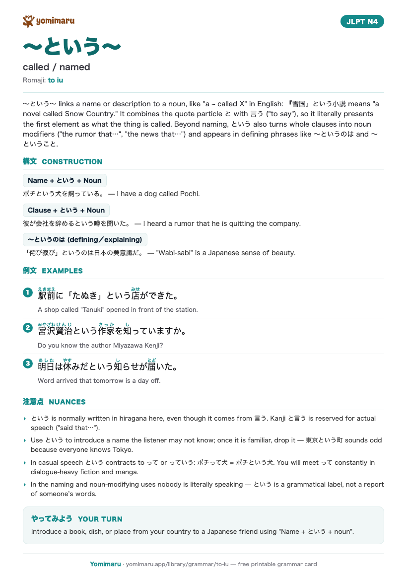 The 〜という〜 study card: one A4 page holding the pattern, its JLPT N4 meaning, the construction rules, 3 example sentences with furigana, and the nuance notes.
