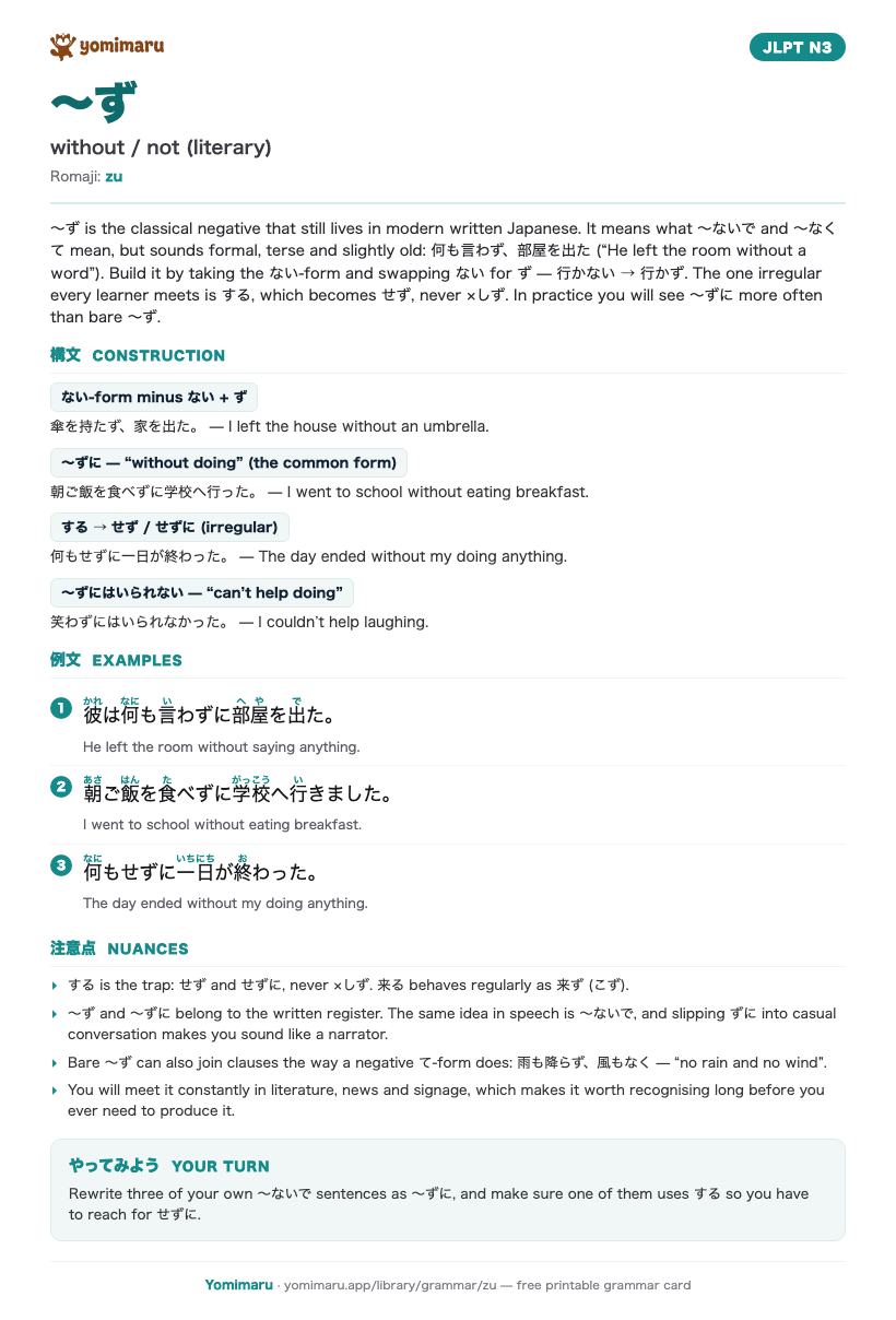 The 〜ず study card: one A4 page holding the pattern, its JLPT N3 meaning, the construction rules, 3 example sentences with furigana, and the nuance notes.